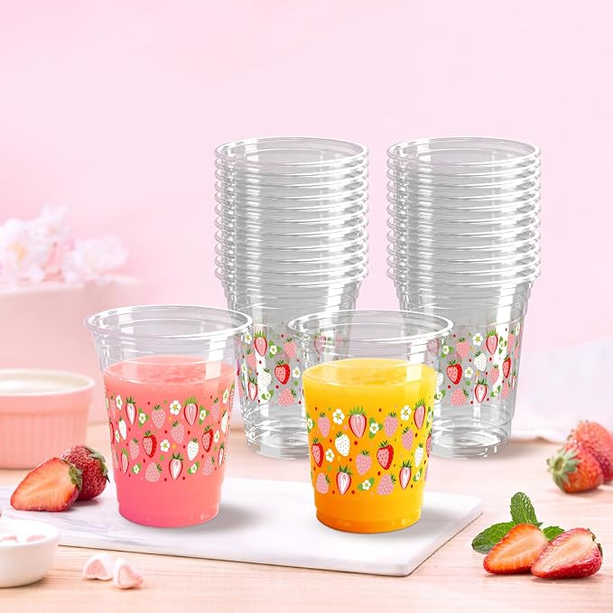 100 Pack Strawberry Plastic Cups 16 oz Pink Red Fruit Flower Disposable Cup Clear Strawberry Summer Spring Party Favor Drinking Cold Beverage Cup for Party Supplies