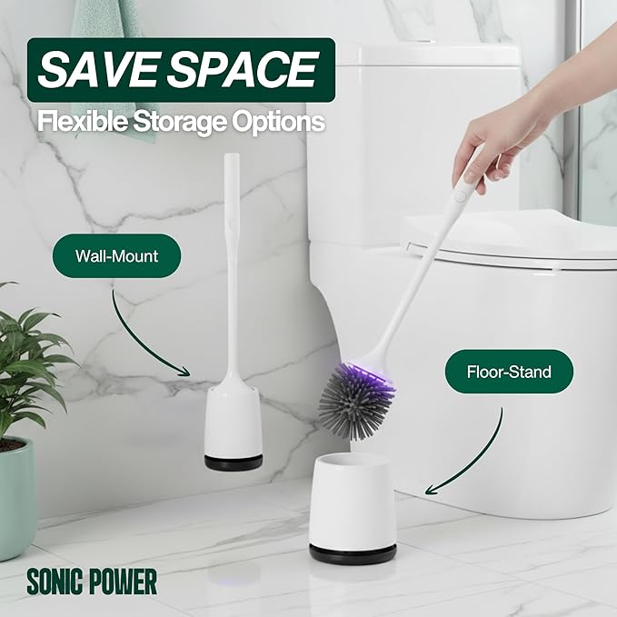 SonicPower Electric Toilet Brush & Scrubber – Self Cleaning Silicone Toilet Bowl Brush with UVC Light, Rechargeable Wireless Spinning Toilet Brush & Holder Set, Wall Mount or Floor Standing (3 Pack)