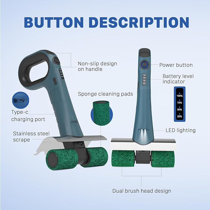 Hillyfe Electric Grill Brush, Bristle-Free Dual Rotating Heads, 450 RPM with LED Light, 120-Minute Runtime, IPX5 Waterproof, 4 Scouring Pads, Extended Handle, Safe for All Kinds of BBQ Grills, Blue