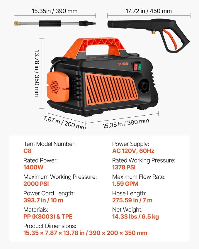 VEVOR Electric Pressure Washer, 2000 Max PSI 1.59 Max GPM, Portable Power Washer with 4 Nozzles, Metal Extension Wand, Built-in Carry Handle, Compact & Flexible for Cars,Driveways,Patios,Fences,Home