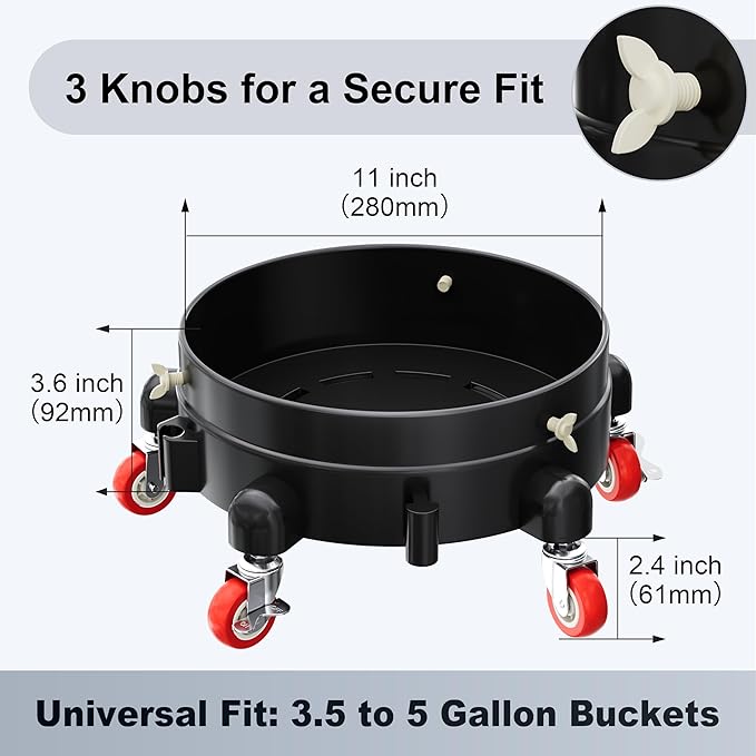 Heavy Duty 5 Gallon Bucket Dolly with 5 Swivel Casters, Anti-Tipping Rolling Water Bucket Stand for Car Detailing & Washing, 310 lbs Capacity, Includes Premium Microfiber Wash Mitt, Black
