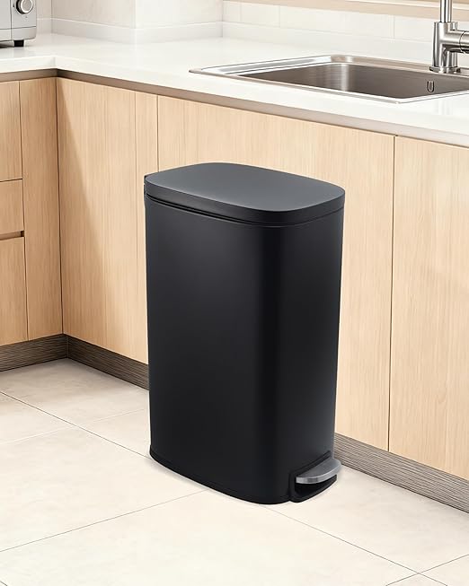 GarveeHome 13 Gal Slim Trash Can, Step Garbage Can with Soft-Close Lid, Stainless Steel Recycling Bin Waste Container with Removable Inner Bucket for Kitchen, Bathroom, Office, Black
