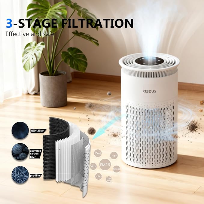 Azeus C8 True HEPA Air Purifier, 5-Stage Filtration, 360° Air Intake, Ultra-Quiet, Ideal for Large Rooms and Pet Owners, Ozone-Free (Medium)