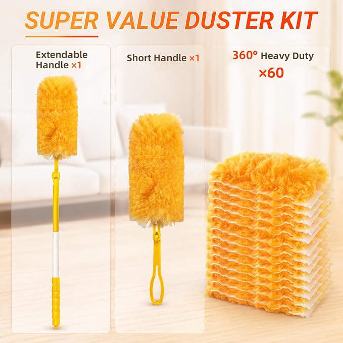 60 Count Heavy Duty Duster Refills for Swiffer Duster, 360° Double-Sided Electrostatic Dusting Pads with Upgraded Thick Fibers, 2 Handles Included, Microfiber Duster for Cleaning Home(Yellow