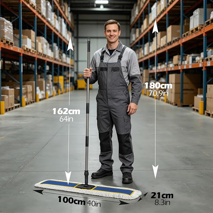 MASTERTOP 40" Commercial Dust Mop for Floor Cleaning, Heavy Duty Flat Mop | Industrial 64" Long Handle Push Broom with 2 Cotton Pads for Hardwood, Tile, Laminate, Concrete, Warehouse & Gym Cleaning