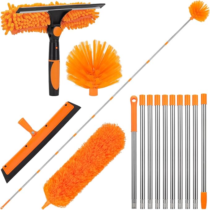 Cobweb Duster Kit and Window Squeegee Cleaner Tool with Extension Pole: 165 Inch 4-in-1 High Ceiling Dusting and Window Cleaning Kit - Cobweb Duster and Feather Duster