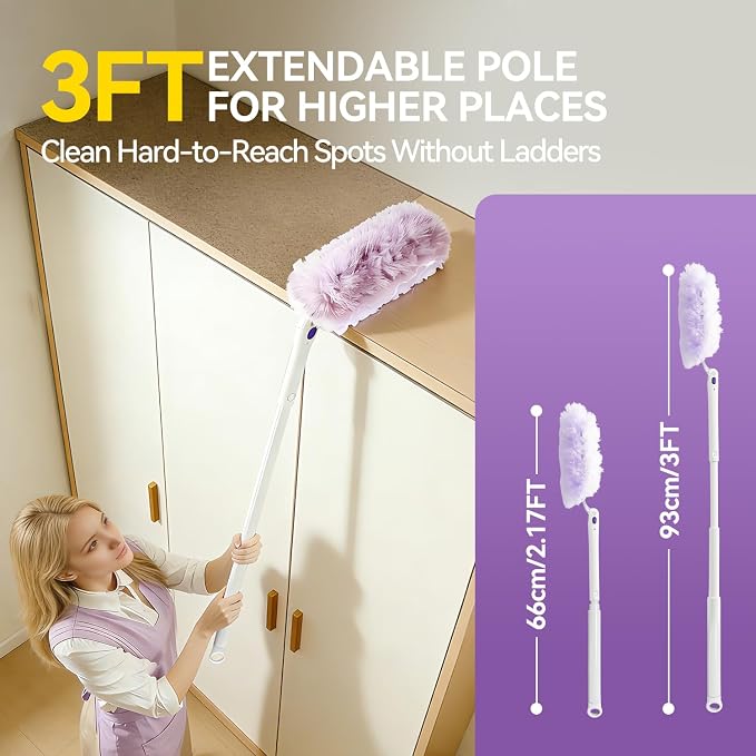 3 ft Extendable Handle with 30 Count Duster Refills, Long Handle Heavy Duty Microfiber Feather Duster, Disposable Multi Surface Duster Kit for Ceiling Fans, Vents and Hard to Reach Places