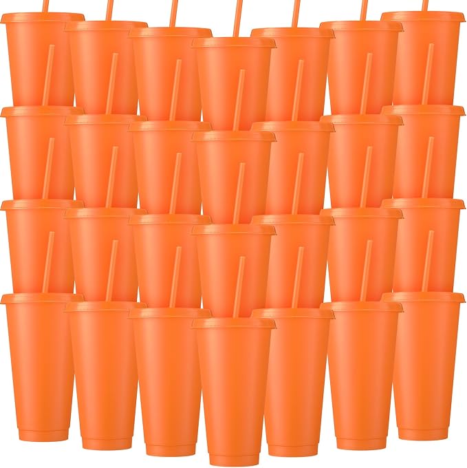 Honeydak 60 Pack Tumbler with Straw and Lid Bulk Cups for Gifts Water Bottle Iced Coffee Travel Mug Cup Reusable Plastic Tumblers for Party Birthdays 24-27 oz (Orange Color)