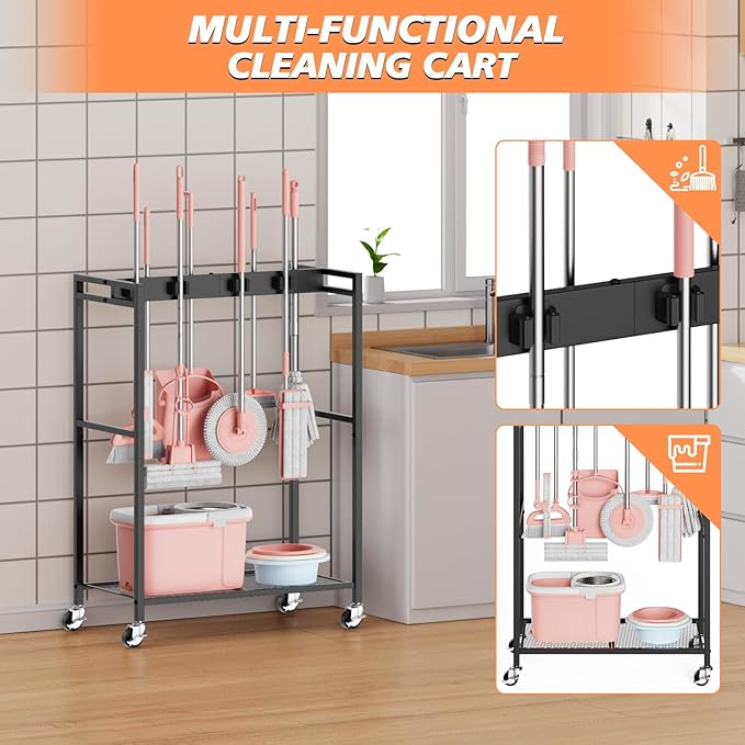 Broom and Mop Holder, MUNNAR Broom Closet Storage Cabinet, Cleaning Cart with Broom and Mop Hanger, Janitorial Cart with Wheels for Household, Laundry Room Organization