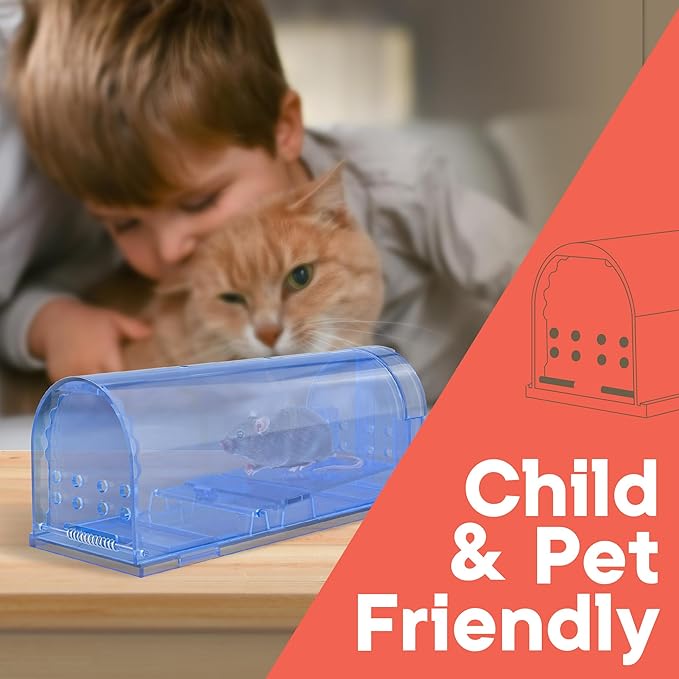 Campior Humane Mouse Trap Pack of 2, Live Mouse Traps Catch and Release for Indoors & Outdoors, Pet & Child Safe, 7.87" Reusable Plastic Mouse Cage with Spring Door, Cleaning Brush Included, Blue