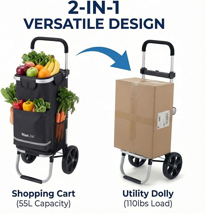Foldable Shopping Cart with Wheels - Portable Grocery Cart on Wheels, Lightweight & Durable Cart for Groceries with Insulated Cooler, Adjustable Handle, 110 Lbs