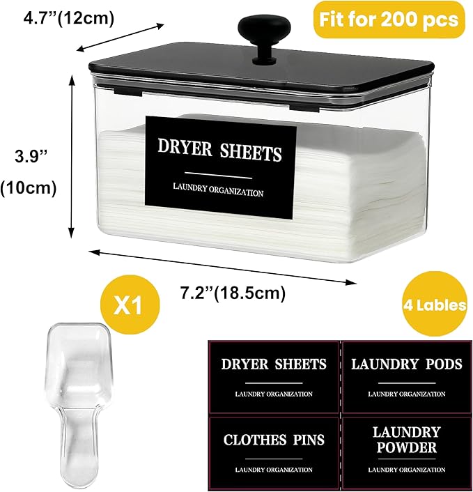 Dryer Sheet Holder Black Lid, Laundry Dryer Sheet Container Clear Detergent Pods Dispenser with Labels, Laundry Detergent Sheets Holder for Laundry Room Decor and Accessories