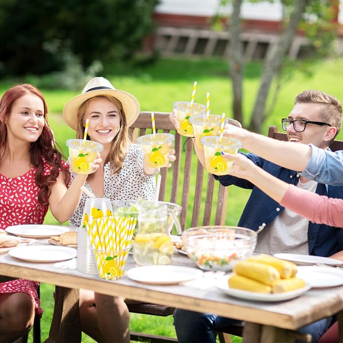 Whaline 100Pcs 9Oz Lemon Disposable Plastic Cups with Lids and Straws Summer Citrus Fruit Cold Beverage Drinking Cups for Birthday Baby Shower Party Supplies