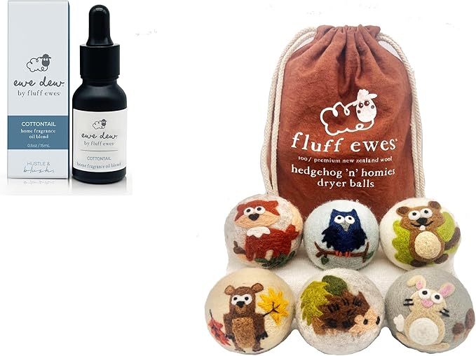 Fluff Ewes Premium Handmade New Zealand Reusable Wool Dryer Balls for Laundry & Baby + Ewe Dew Home Fragrance Aromatherapy Dryer Ball Essential Oil Blend, 2 Pack, Hedgehog & Homies 6 Pack + Cottontail