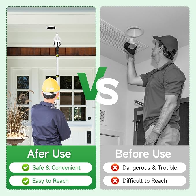 28FT Reach Light Bulb Changer for High Ceilings with Pole & Duster, 5-20FT Telescopic Extension Pole High Ceiling Light Bulb Changer Pole with Baskets Suction Cup for Recessed Lights