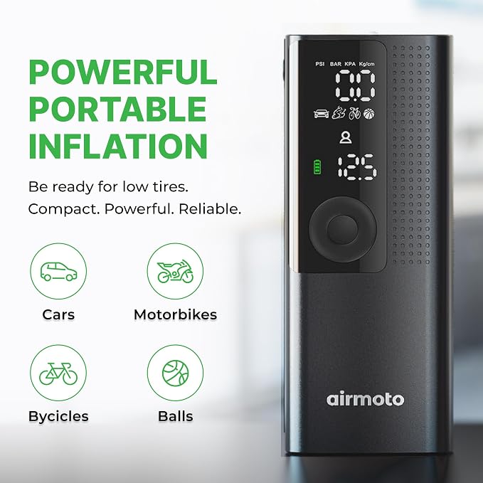 Airmoto and Power Kit Bundle Deal - 1 bundle - Tire Inflator Portable Air Compressor with Power Kit for Charging on The Road - Cordless Air Pump for Car Tires, Motorcycle, Bicycle, Balls