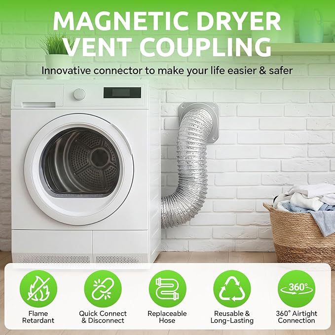 Magnetic Dryer Vent Connector Kit, Quick Connect & Easy Clean Dryer Vent Coupling with 4" Duct & Clamps for Family Home Safety