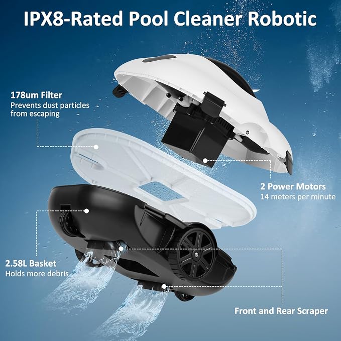 130 Mins Runtime Cordless Robotic Pool Cleaner Portable Lightweight Automatic Vacuum Self-Parking 5200mAH Fast Charging Powerful for Above-Ground Swimming Pool up to 861Sq.ft (White)