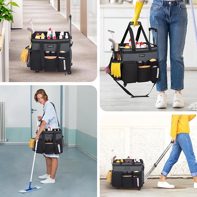 JKAOO Large Rolling Cleaning Caddy Bag with Detachable Trolley, Waterproof Cleaning Caddy on Wheels for Housekeepers, Cleaning Cart Supplies Organizer for Home,Car,Office,Picnic(Gray)(InPatent)