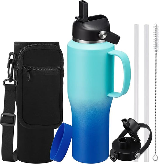 32oz Insulated Water Bottle - with Straw & Spout Lid, Strap Carrier Bag, Cold-48H & Hot-24H, Stainless Steel Travel Tumblers with Handle, Reusable Slim Water Bottle that Fits in Cup Holder