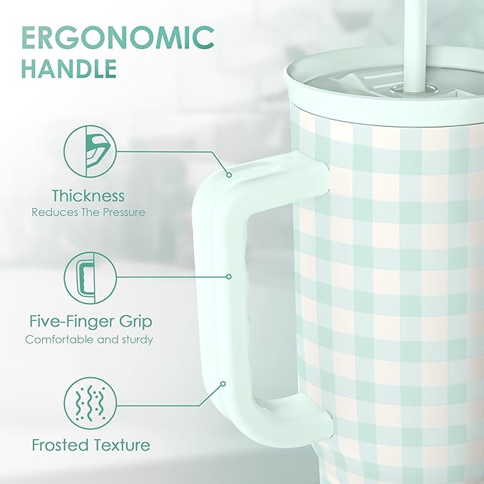 SANDJEST Mint Gingham 40oz Slider Tumbler with Handle and Straw - Insulated Stainless Steel Travel Coffee Mug for Women Girls, Gift for Birthday, Christmas
