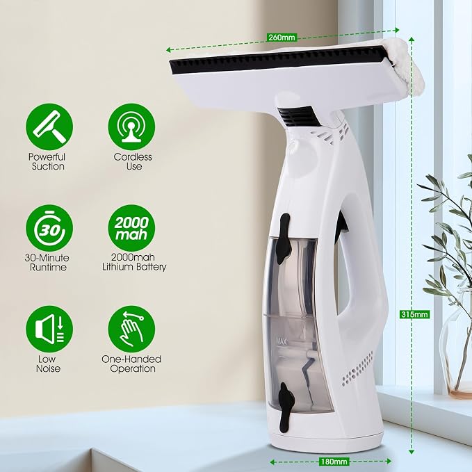 Cordless Electric Window Vacuum Squeegee, 2000Pa Powerful Suction with Water Collection Tank, Rechargeable Window Cleaner Tool for Glass, Shower Doors, Mirrors & Car, 2000mAh