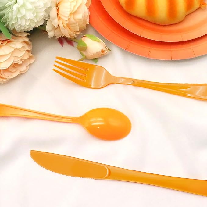 150 Pcs Orange Plastic Silverware, Orange Plastic Cutlery Disposable Includes 50 Forks, 50 Spoons, 50 Knives for Baby Shower, Birthday, Party, Holiday