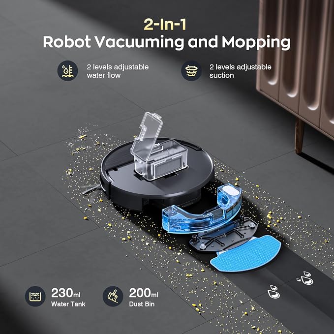 Robot Vacuum and Mop Combo, 2300Pa Strong Suction, 2-in-1 Dust Box and Water Tank, Works with Alexa/Google Assistant, Long Runtime, Schedule, Quiet, Ideal for Hard Floors, Low-Pile Carpets and Pets