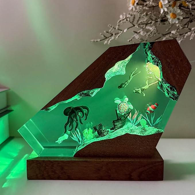 Octopus Ocean Resin Lamp, Handmade Wooden Table Resin Night Light, USB Port Art Ornaments for Home Office Decor, Scuba Diver Gifts for Birthday Holiday, Valentine's Day Gifts for Husband