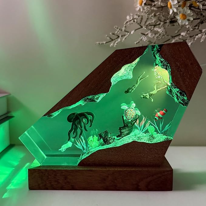 Octopus Ocean Resin Lamp, Handmade Wooden Table Resin Night Light, USB Port Art Ornaments for Home Office Decor, Scuba Diver Gifts for Birthday Holiday, Valentine's Day Gifts for Husband