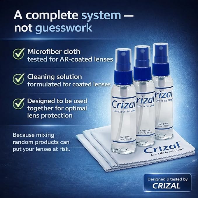 Crizal Lens Cleaning Kit – 3 Cloths +3 Solutions – Designed & Tested for AR-Coated Lenses – Complete AR Lens Care System