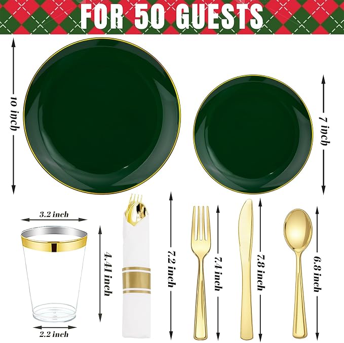 KIRE 350PCS Green Plates Disposable - Heavy Duty Green and Gold Plates - 50Guest Include Green Plastic Dinnerware - Pro Rolled Napkins with Gold Silverware and Cups for 2026 FIFA World Cup&Party