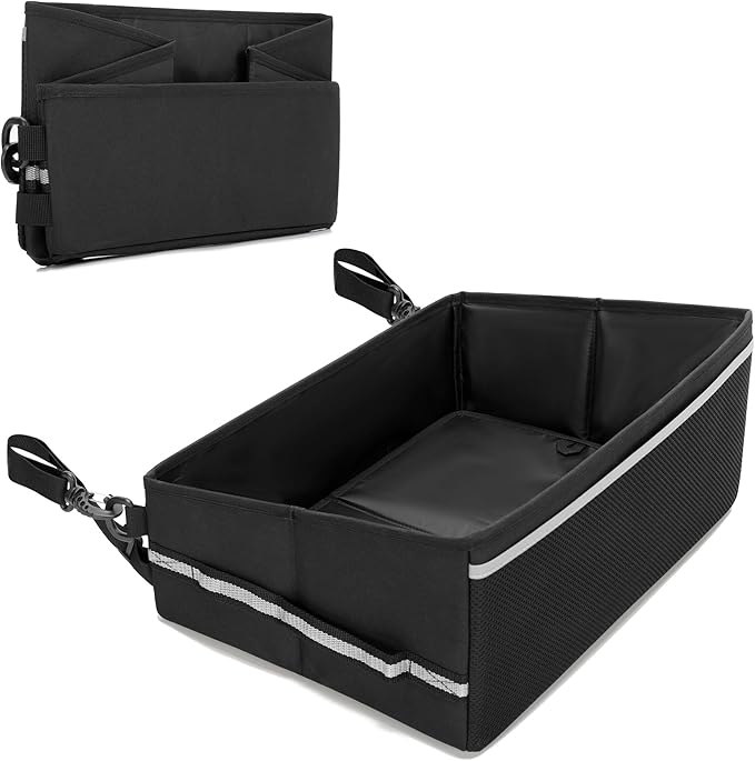 GRAOSO Under Seat Storage Fit for SuperCrew Cab, Foldable Truck Organizers and Storage Box Under Rear Seat For Single Seat with Removable Bottom Plate, 2 Side Handles and Hook Snap Fix Strap, Black