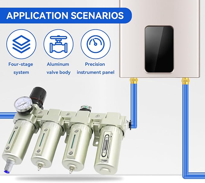 1/2" Air-Dryer-for-Compressor, 4 Stage 3Filter&1Dryer System,Auto Drain | NPT Industrial Grade Air-Compressor-Water-Separator-System for Plasma Cutter and Paint Spray