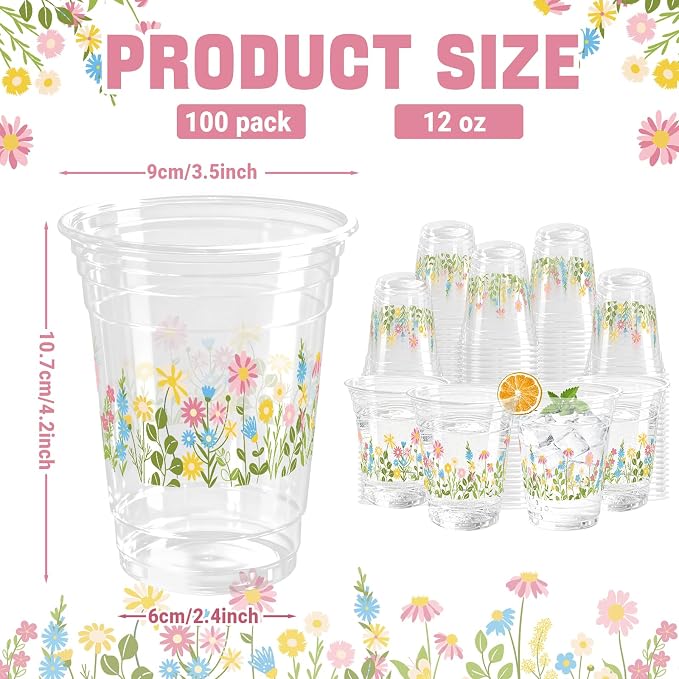 100 Sets Flower Daisy Plastic Cups 12 oz Floral Disposable Cups Spring Daisy Party Favor Drinking Beverage Cup for Baby Shower Birthday Party Supplies