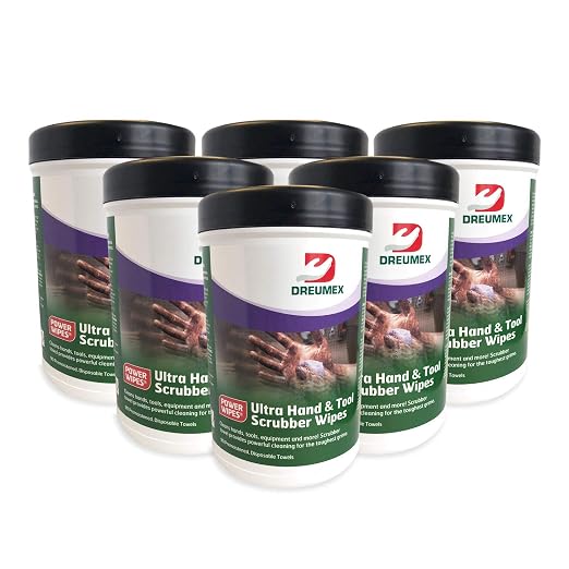Dreumex Power Wipes, Ultra Heavy Duty Hand & Tools Cleaning Wipes, Large Multipurpose Disposable Shop Towels, 6 Pack of 90 Count Canisters, Perfect for Removing Dirt, Tar, Oil, Grease, White/green (41000905005)