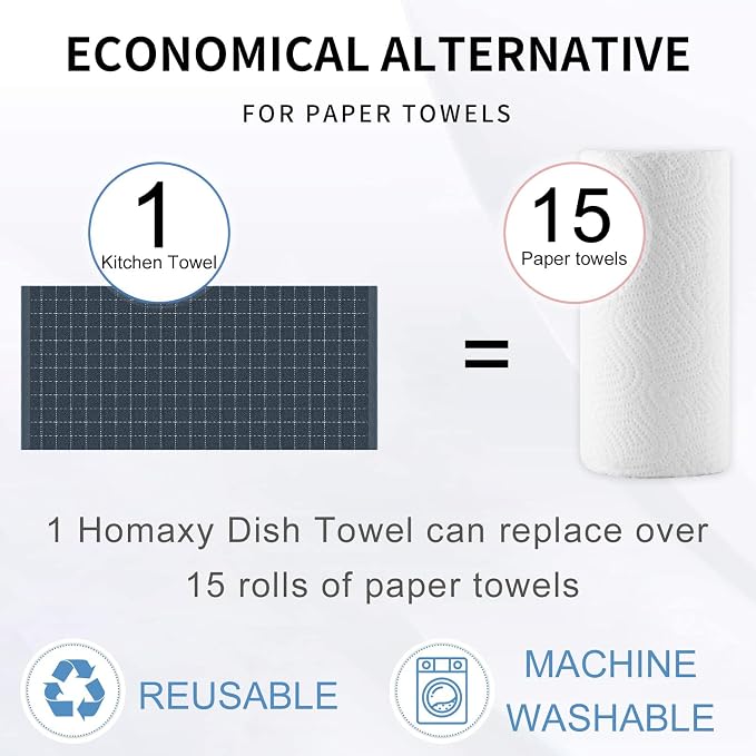 Homaxy Kitchen Towels and Dishcloths Set, 12 x 12 and 13 x 28 Inches, Set of 10 Bulk Cotton Terry Kitchen Towels Set, Checkered Designed, Soft and Super Absorbent Dish Towels, Dark Grey