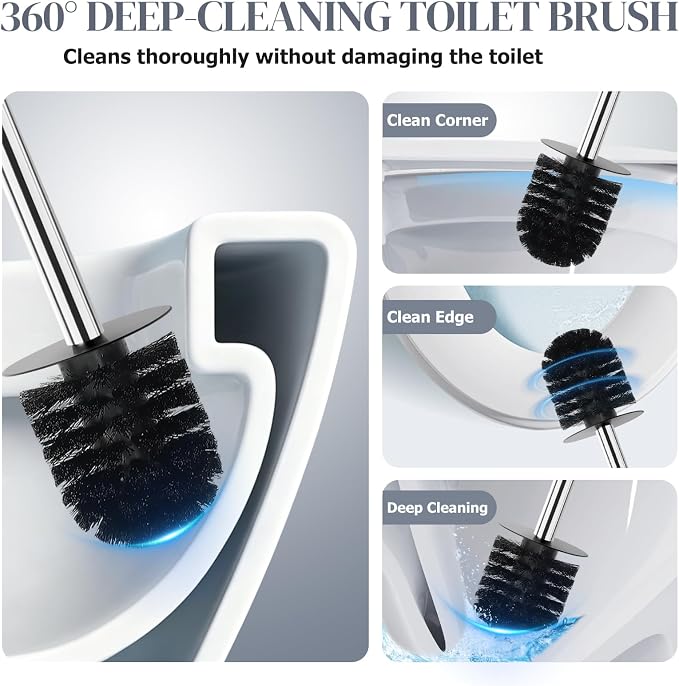 Toilet Brush,Toilet Brush and Holder Set,Stainless Steel Toilet Bowl Brush and Holder for Bathroom,Heavy Duty Toilet Bowl Brush with Long Handle,Toilet Brush with Sleek Design and Removable Inner Bowl