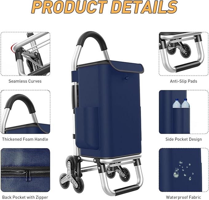 Heavy Duty 3 in 1 Shopping Cart, Foldable Hand Truck with 6 Wheels, 110 lbs Grocery Cart, Portable Utility Dolly, Waterproof Bag for Moving, Camping