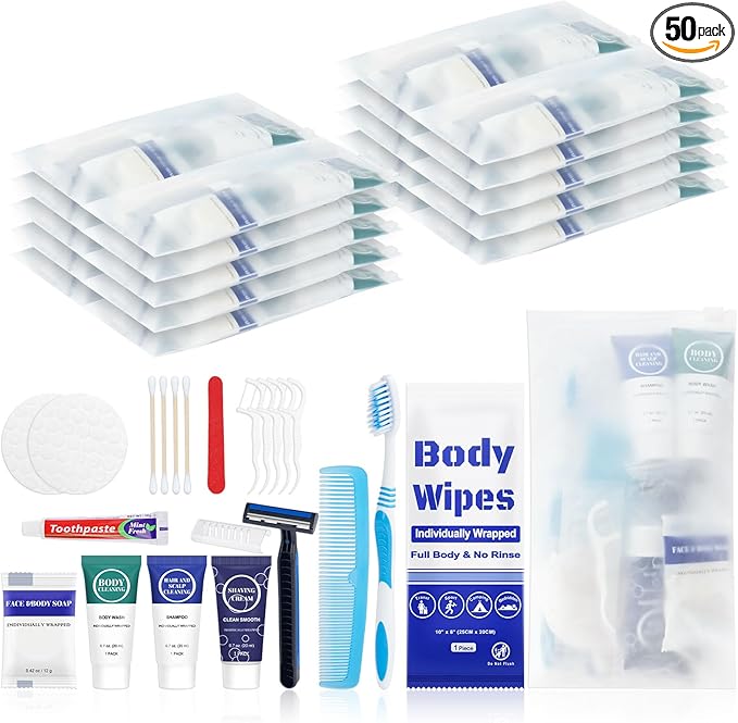 Travel Hygiene Kit Personal Toiletries Bulk, Disposable Homeless Care Package Supplies, Men Toiletry Set Cleaning Essentials Individually Wrapped for Camping, Travel, Relief, Charity (11-in-1, 50)