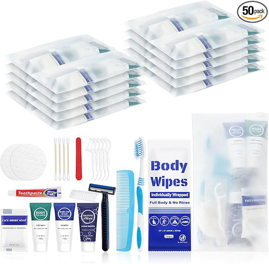 Travel Hygiene Kit Personal Toiletries Bulk, Disposable Homeless Care Package Supplies, Men Toiletry Set Cleaning Essentials Individually Wrapped for Camping, Travel, Relief, Charity (11-in-1, 50)