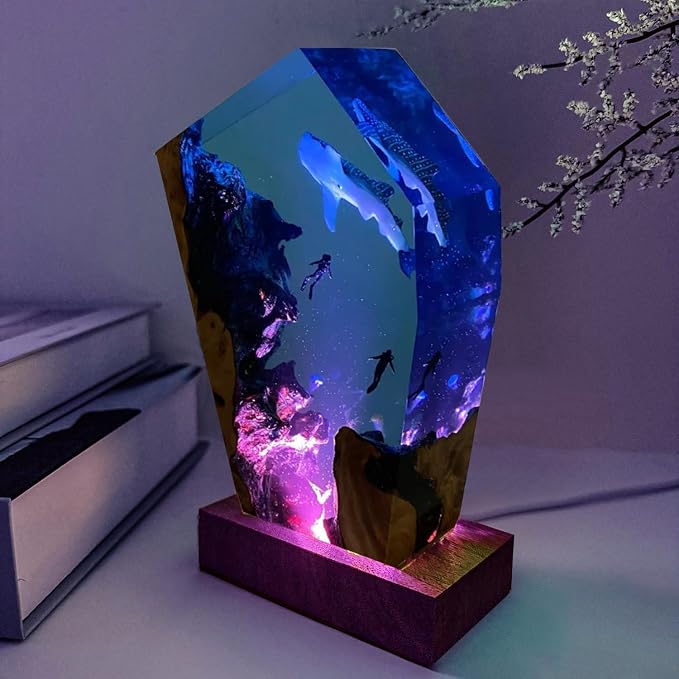 Whale Shark Resin Ocean Lamp, Handmade RGB Ocean Lamp with Wooden Base for Home Decor, Scuba Diving Gifts for Ocean Lovers,Unique Birthday Valentine's Day Gifts for Women & Men (S,6"x4")