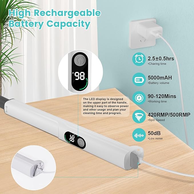 Electric Spin Scrubber, New Cordless Power Tub Scrubber with Long Handle,101 Lbs Strong Torque Shower Brush with 8 Heads, 2 Speed Mode 3 Adjustable Angles for Cleaning Bathroom Tile
