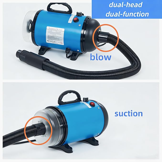 Upgraded 2-in-1 Pet Hair Dryer and Vacuum, High Velocity Dog Grooming Tool with Switchable Hose, Adjustable Temp & Speed, Low Noise, 4 Nozzles (Blue)