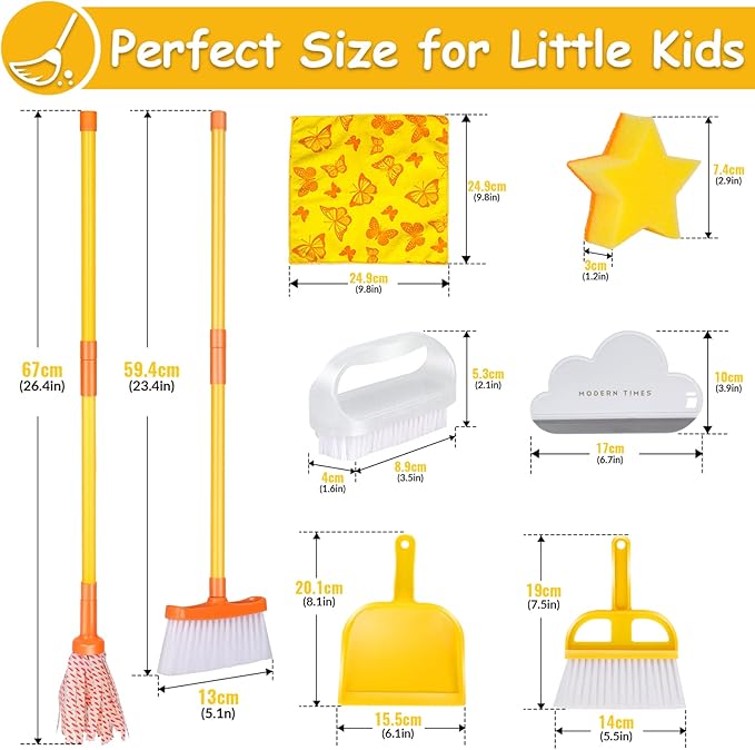 Masthome Kids Cleaning Set, 8 Piece Cleaning Toys Set, Includes Mop, Broom, Brush, Dustpan, Microfiber Cloth, Cleaning Sponge, Squeegee, Window Scraper, Pretend Play Toys for Girls Boys - Yellow