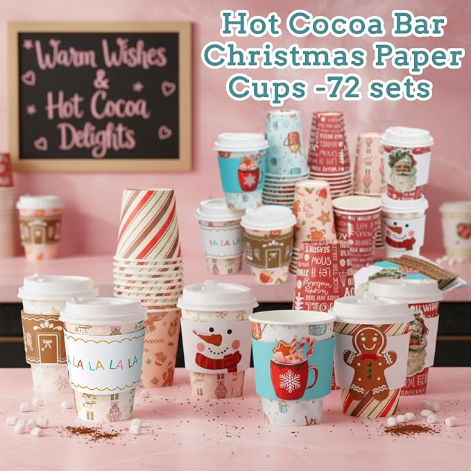 Gueevin 72 Set/ 216 Pcs Christmas Paper Cups Disposable 12 oz Christmas Coffee Cups with Lids and Sleeves Xmas Winter Party Supplies for Hot Chocolate Cocoa Cold Drinks Water Supplies(Novelty)