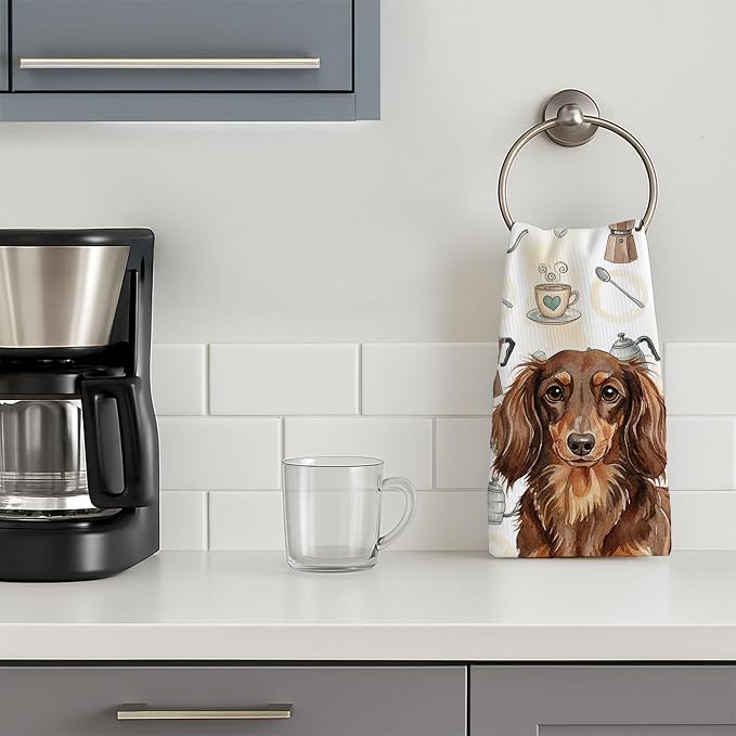 Caroline's Treasures Longhaired Chocolate and Tan Dachshund Coffee Bar Kitchen Towel Velour Plush Front and Cotton Loop Back Machine Washable