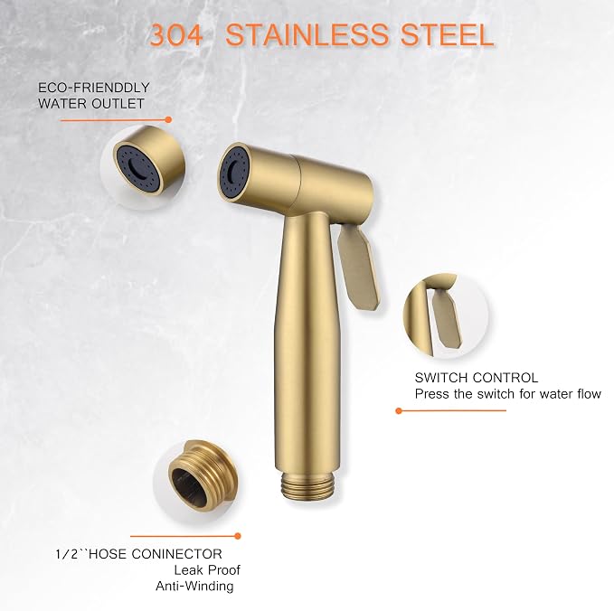 Brushed Gold Bidet Sprayer Head Only, Stainless Steel Handheld Toilet Sprayer Replacement with G1/2 Connector, Adjustable Pressure for Cloth Diaper, Pet Shower, Bathroom Cleaning