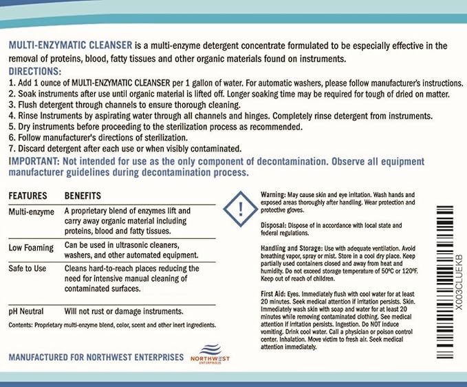 NORTHWEST ENTERPRISES Multi-Enzymatic Ultrasonic Cleaner Solution for Surgical Instrument and Equipment Reprocessing. Concentrated. One Gallon.