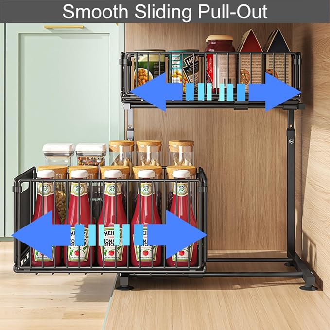 Under Sink Organizer, 2-Tier Multi-Use Kitchen and Bathroom Organizers and Storage, Slide Out Thickened Metal Under The Sink Organizer for Kitchen Bathroom Pantry (Style B Black, 2 Pack)